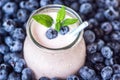 Beautiful appetizer blueberry fruit smoothie milk shake glass jar with juicy fresh berries background top view Yogurt cocktail Nat Royalty Free Stock Photo