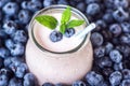 Beautiful appetizer blueberry fruit smoothie milk shake glass jar with juicy fresh berries background top view Yogurt cocktail Nat