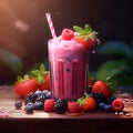 Beautiful appetizer pink raspberries, blackberry fruit smoothie or milk shake in glass jar with fresh berries background, top view