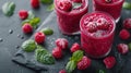 Beautiful appetizer pink raspberries fruit smoothie or milk shake in glass jar with berries Royalty Free Stock Photo