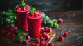 Beautiful appetizer pink raspberries fruit smoothie or milk shake in glass jar with berries Royalty Free Stock Photo