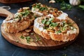 Beautiful appetizing bruschetta cream cheese and fried champignon mushrooms