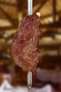 Costela premium, bovine premium beef ribs, traditional brazilian barbecue whole piece on skewer isolated on a blury background.