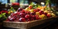 A beautiful apple in a colorful basket on a traditional market stand surrounded by various frui