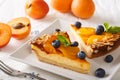 Beautiful apricot cheesecake with blueberries, mint and nuts clo