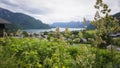 Beautiful Aps landscape with green mountains, valley, cozy hauses