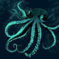 Beautiful aqua monochromatic art work interior picture of an octopus in deep water