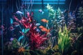 Beautiful aquarium with many fishes of different colors and seaweeds aquatic environment Generative AI Illustration