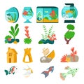 Beautiful aquarium set fish, vector illustration. Aquatic collection designer fauna in glass tank. Marine flora natural