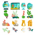 Beautiful aquarium set fish, vector illustration. Aquatic collection designer fauna in glass tank. Marine flora natural