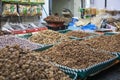 Beautiful Arab exhibition of dried fruits in the center of the city of Beni Mellal. Royalty Free Stock Photo