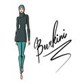 Beautiful arab girls in burkini. Hand drawn illustration of young islamic woman.