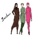 Beautiful arab girls in burkini. Hand drawn illustration of young islamic woman.