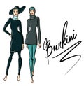 Beautiful arab girls in burkini. Hand drawn illustration of young islamic woman.