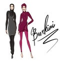 Beautiful arab girls in burkini. Hand drawn illustration of young islamic woman.