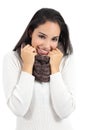 Beautiful arab woman warmly clothed grabbing a scarf Royalty Free Stock Photo