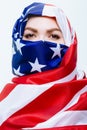 Beautiful Sirian woman wearing a hijab from the American flag, Royalty Free Stock Photo