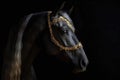 Beautiful Arabian Horse In Gold Crown On Matte Black Background. Generative AI