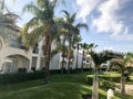 Beautiful Arabian Muslim white stone building, cottages, houses on a background of tropical greens of palm trees with large leaves Royalty Free Stock Photo