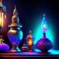 Beautiful Arabic lamps on a black background. Ramadan Kareem. Generative AI