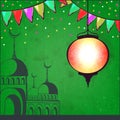 Beautiful Arabic lantern and mosque on green background, Elegant card for Islamic holy month of prayer, Ramadan Kareem Royalty Free Stock Photo