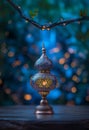 Beautiful Arabic Ramadan Kareem lantern on wooden table