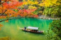 Beautiful Arashiyama river with maple leaf tree and boat around lake