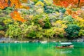 Beautiful Arashiyama river with maple leaf tree and boat around lake Royalty Free Stock Photo