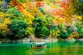 Beautiful Arashiyama river with maple leaf tree and boat around lake Royalty Free Stock Photo