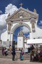 The beautiful arched enterance to the Catholic church of Basilica of Our Lady of Copacabana in Copacabana in Bolivia.