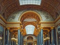 Beautiful architectural details of the Gallery of Great Battles in the palace of Versailles, France. The largest room in the