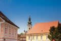 Beautiful architecture of the antique buildings at Zagreg upper town and the tower of the historic St Mary at Dolac church