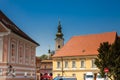 Beautiful architecture of the antique buildings at Zagreg upper town and the tower of the historic St Mary at Dolac church