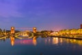 Beautiful architecture building and colorful bridge in twilight Royalty Free Stock Photo