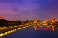 Beautiful architecture building and colorful bridge in twilight Royalty Free Stock Photo