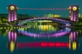 Beautiful architecture building and colorful bridge in twilight Royalty Free Stock Photo