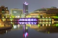 Beautiful architecture building and colorful bridge in twilight Royalty Free Stock Photo