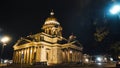 Beautiful architecture of Cathedral with dome and lighting in night. Action. Dome of Cathedral is illuminated with