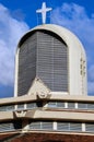 A beautiful architecture of a cathedral holy church. Top view of Christian church against blue sky