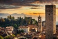 Beautiful architecture of the Citta Alta old town in Bergamo at sunrise, Italy