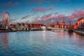 Beautiful architecture of Gdansk old town reflected in the Motlawa river at sunrise, Poland Royalty Free Stock Photo