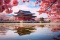 Beautiful Architecture in Gyeongbokgung Palace with cherry blossom at spring time in Seoul, South Korea, Gyeongbokgung palace with Royalty Free Stock Photo