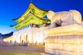 Beautiful Architecture in Gyeongbokgung Palace at Seoul city Korea at Twilight time with night light from traffic car Royalty Free Stock Photo