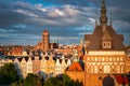 Beautiful architecture of the Main Town of Gdansk in the rays of the setting sun. Poland Royalty Free Stock Photo