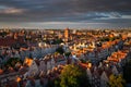 Beautiful architecture of the Main Town of Gdansk in the rays of the setting sun. Poland Royalty Free Stock Photo