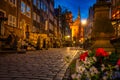 Beautiful architecture of Mariacka street in Gdansk at night, Poland
