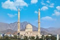 Beautiful architecture of Mosque in Sharm el sheikh, Egypt. Sinai mountains background. Blue clouds sky at sunny day Royalty Free Stock Photo