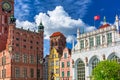 Beautiful architecture of the old town in Gdansk with city hall and Artus court, Poland Royalty Free Stock Photo