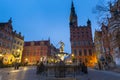Beautiful architecture of the old town in Gdansk with Neptune fountain at dawn, Poland Royalty Free Stock Photo