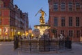 Beautiful architecture of the old town in Gdansk with Neptune fountain at dawn, Poland Royalty Free Stock Photo